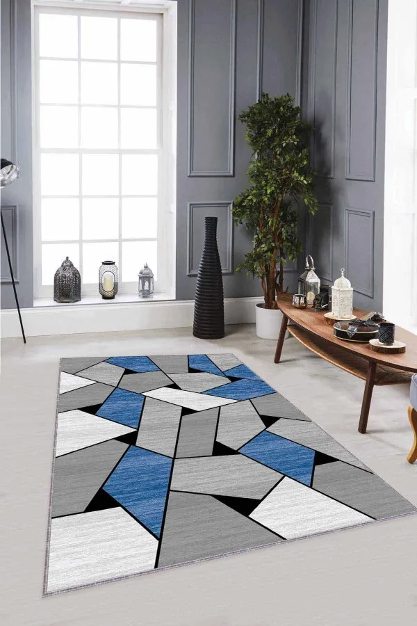 Mavi Soft Halı Mavi Geometrik Kaymaz Tabanlı Makinede Yıkanabilir Halı WL07