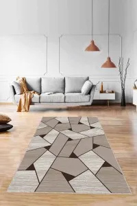 Bej Geometrik Kaymaz Tabanlı Makinede Yıkanabilir Halı WL08