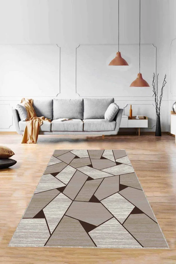 Bej Rengi Koltuğa Uygun Halı Bej Geometrik Kaymaz Tabanlı Makinede Yıkanabilir Halı WL08