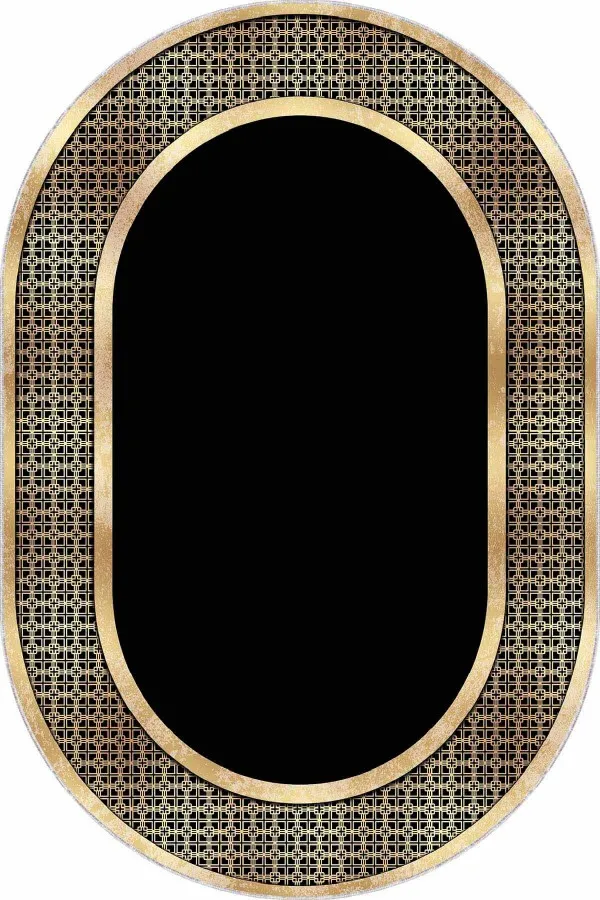 Siyah Renk Halı Modelleri Siyah Gold Çerçeveli Kaymaz Tabanlı Hol Halısı Oval AR727
