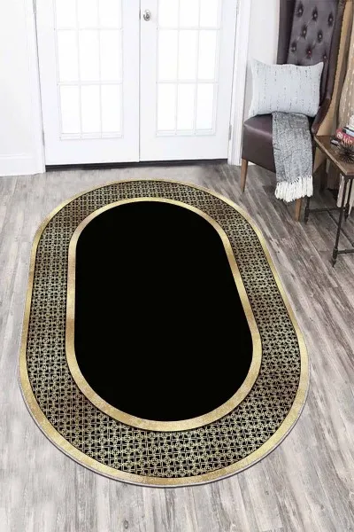Siyah Gold Çerçeveli Kaymaz Tabanlı Hol Halısı Oval AR727