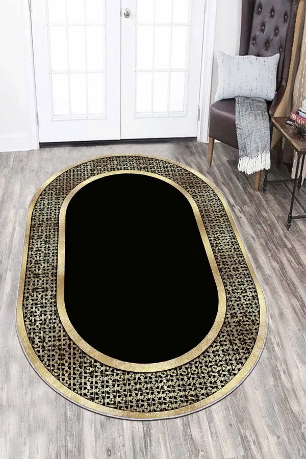 Siyah Renk Halı Modelleri Siyah Gold Çerçeveli Kaymaz Tabanlı Hol Halısı Oval AR727