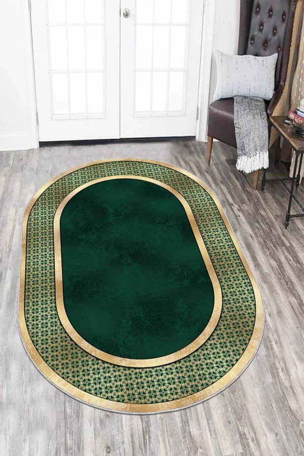 Yeşil Tonlu Halılar Yeşil Gold Çerçeveli Kaymaz Tabanlı Antre Halısı Oval AR731