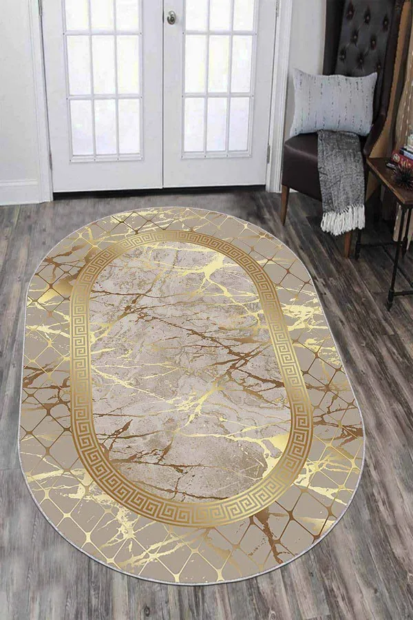 Bej Rengi Yolluk Bej Gold Çerçeveli Kaymaz Tabanlı Oval Antre Halısı AR753