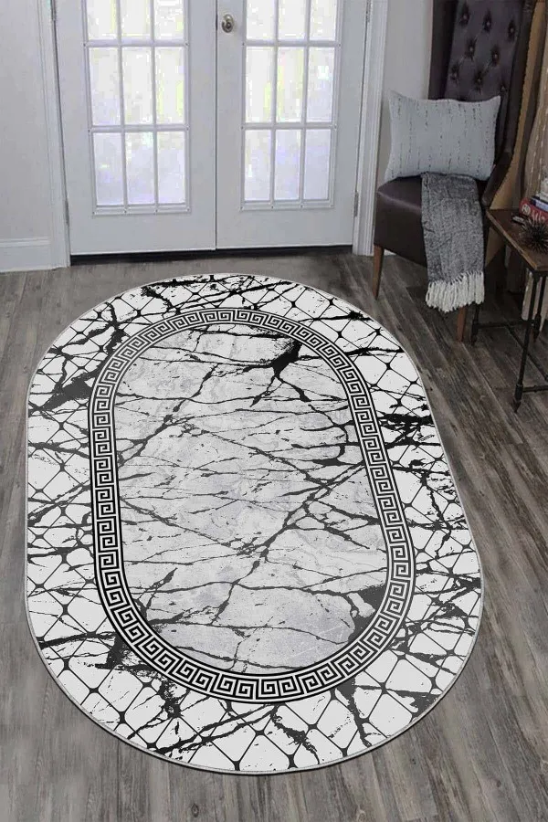 Gri Renk Halı Modelleri Gri Çerçeveli Kaymaz Tabanlı Yıkanabilir Oval Halı AR975