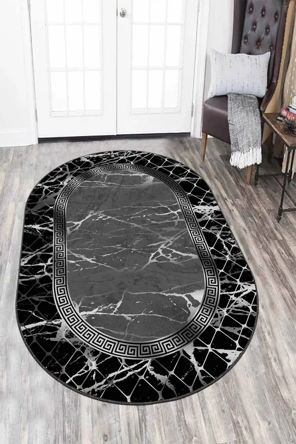 Kül Rengi Halı Füme Çerçeveli Kaymaz Taban Yıkanan Oval Salon Halısı AR976