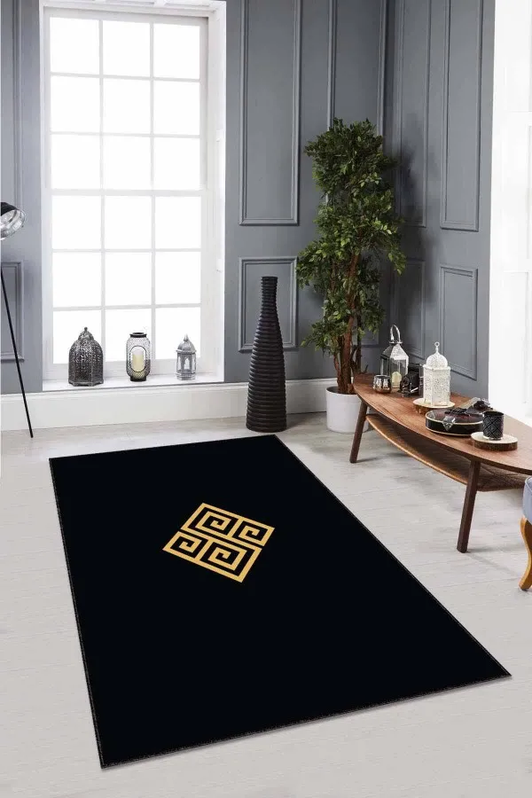Gold Salon Halısı Siyah Gold Modern Klasik Kaymaz Tabanlı Dekoratif Halı AR010