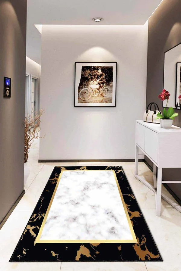 Gold Salon Halısı Siyah Gold Çerçeveli Kaymaz Tabanlı Dekoratif Halı AR100