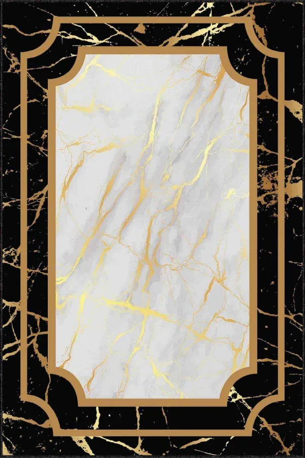 Gold Salon Halısı Siyah Gold Çerçeveli Kaymaz Tabanlı Dekoratif Halı AR108