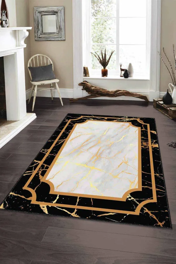 Gold Salon Halısı Siyah Gold Çerçeveli Kaymaz Tabanlı Dekoratif Halı AR108