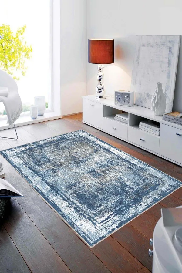 Mavi Gri Salon Halısı Mavi Modern Klasik Kaymaz Tabanlı Dekoratif Halı AR112