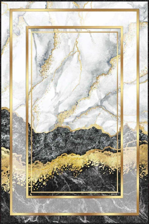 Gold Salon Halısı Siyah Gold Çerçeveli Kaymaz Tabanlı Dekoratif Halı AR127