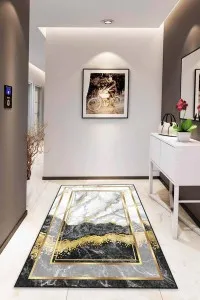 Siyah Gold Çerçeveli Kaymaz Tabanlı Dekoratif Halı AR127 Siyah Gold Çerçeveli Kaymaz Tabanlı Dekoratif Halı AR127