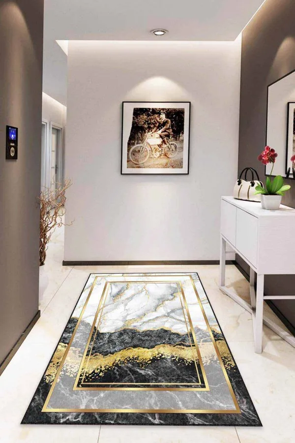 Gold Salon Halısı Siyah Gold Çerçeveli Kaymaz Tabanlı Dekoratif Halı AR127