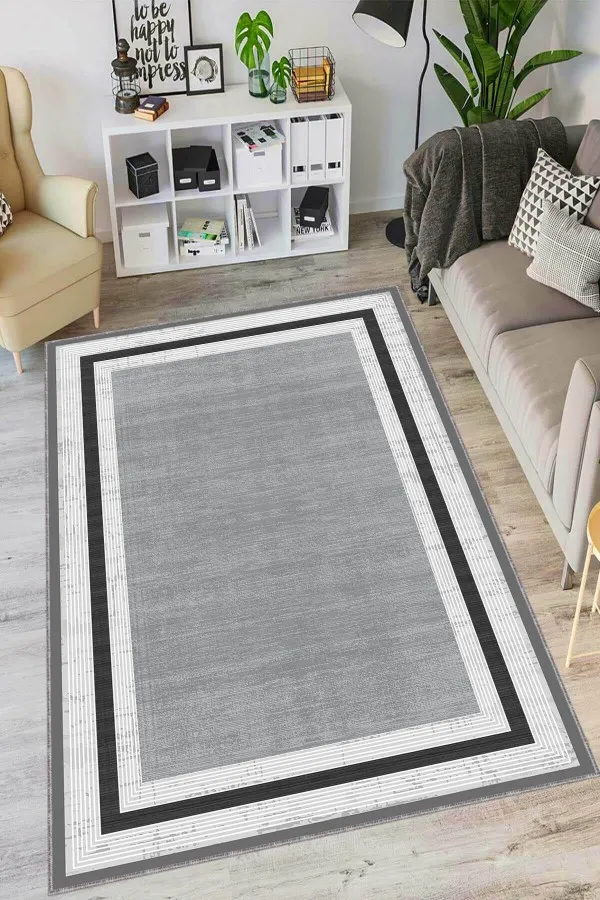 Gri Halılar Gri Kaymaz Tabanlı Çerçeveli Salon Halısı AR1414