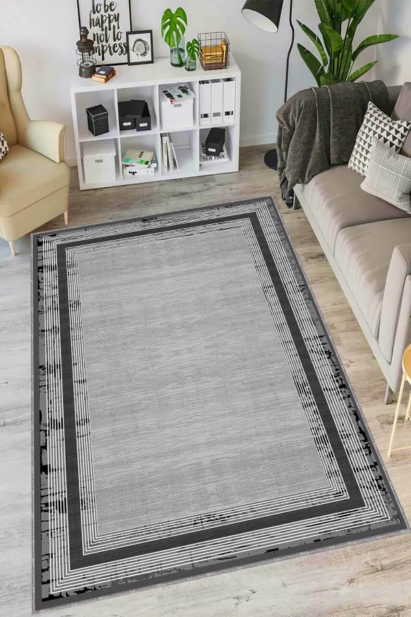 Koyu Gri Halılar Koyu Gri Kaymaz Tabanlı Çerçeveli Salon Halısı AR1422