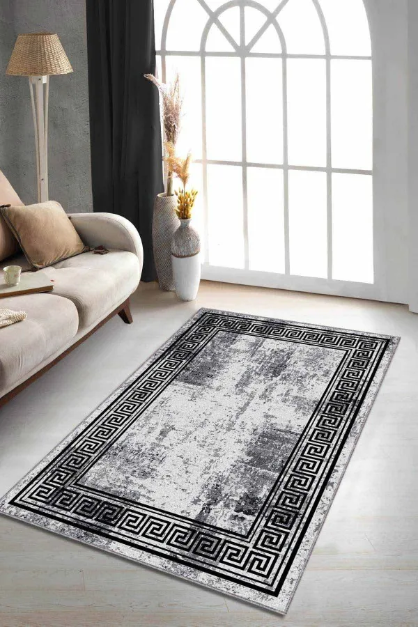 Salon Halısı Gri Gri Çerçeveli Kaymaz Tabanlı Makinede Yıkanabilir Halı AR165