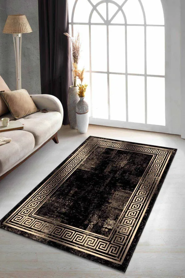 Kahverengi Salon Halıları Kahverengi Gold Çerçeveli Kaymaz Taban Dekoratif Halı AR168