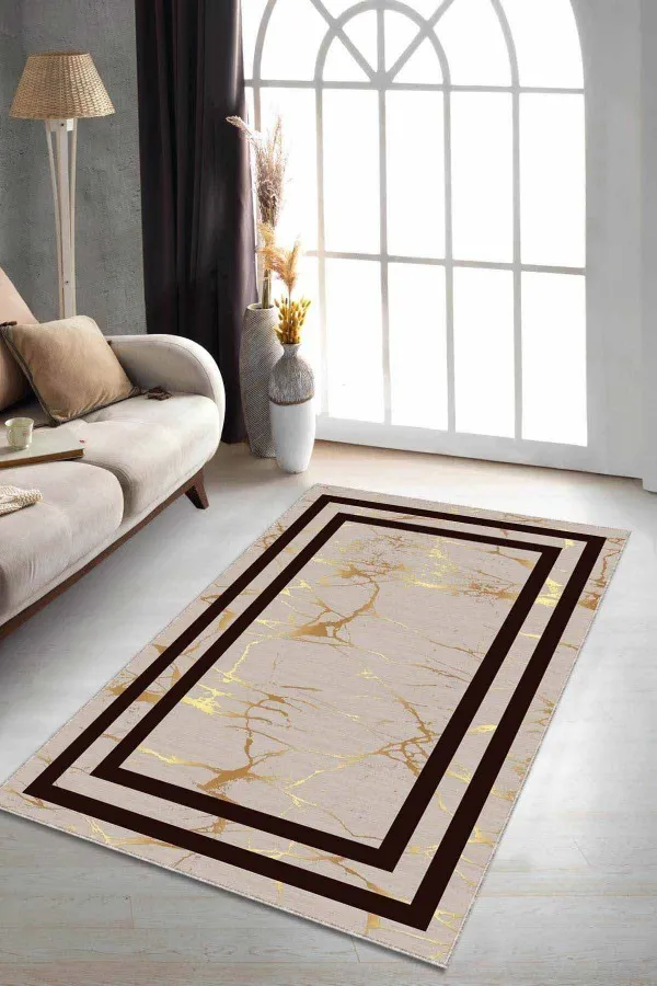 Gold Salon Halısı Bej Gold Çerçeveli Kaymaz Tabanlı Dekoratif Halı AR175