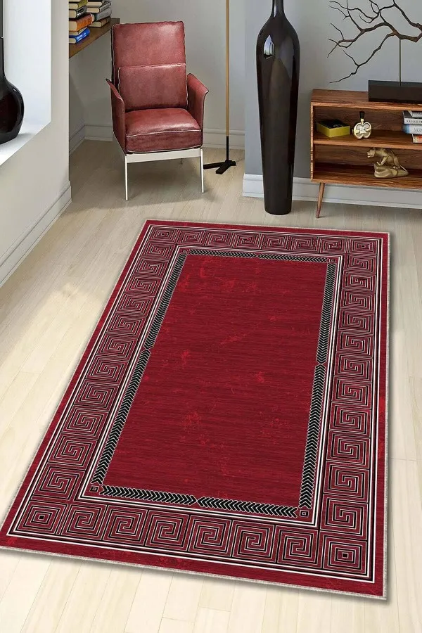 Salon Halısı İnce Bordo Karabağ Kaymaz Tabanlı Makinede Yıkanabilir Halı AR319