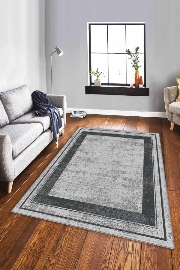 Salon Halısı Gri Gri Çerçeveli Kaymaz Tabanlı Makinede Yıkanabilir Halı AR399
