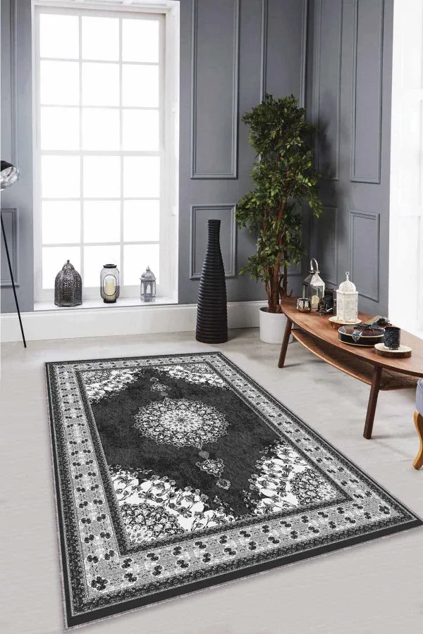 Klasik Salon Halısı Gri Klasik Göbekli Kaymaz Tabanlı Dekoratif Halı AR473