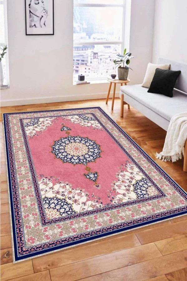 Salon Halısı Pembe Pembe Klasik Göbekli Kaymaz Tabanlı Dekoratif Halı AR475