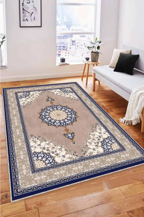 Vizon Salon Halısı Bej Klasik Göbekli Kaymaz Tabanlı Dekoratif Halı AR476