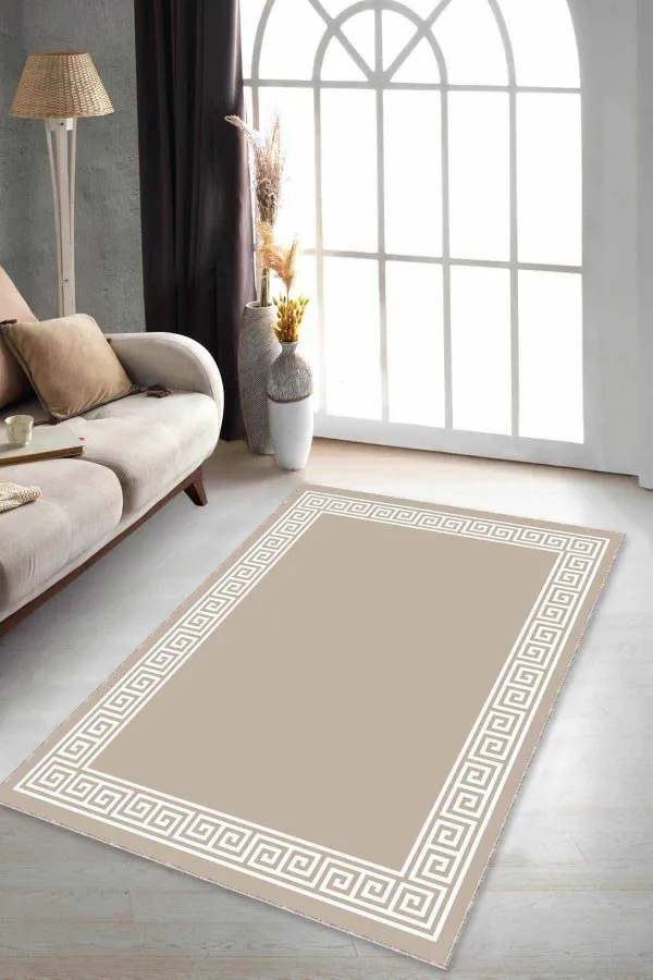 Vizon Salon Halısı Bej Çerçeveli Kaymaz Tabanlı Makinede Yıkanabilir Halı AR504