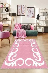 Pembe Çerçeveli Kaymaz Taban Makinede Yıkanabilir Halı AR516 Pembe Çerçeveli Kaymaz Taban Makinede Yıkanabilir Halı AR516