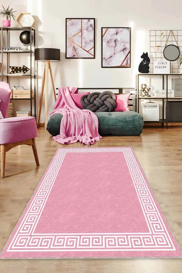 Pembe Çerçeveli Kaymaz Taban Makinede Yıkanabilir Halı AR518
