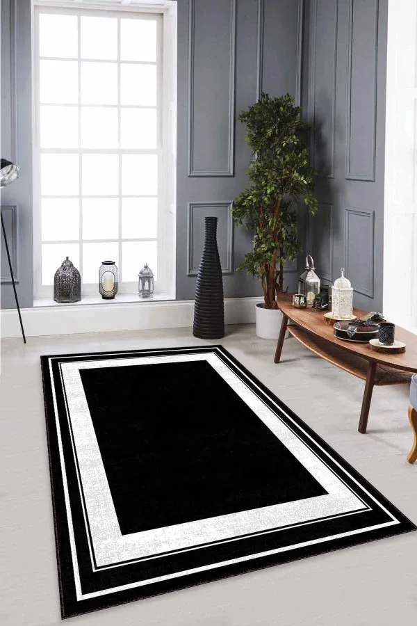 Siyah Salon Halısı Siyah Çerçeveli Kaymaz Taban Makinede Yıkanabilir Halı AR530