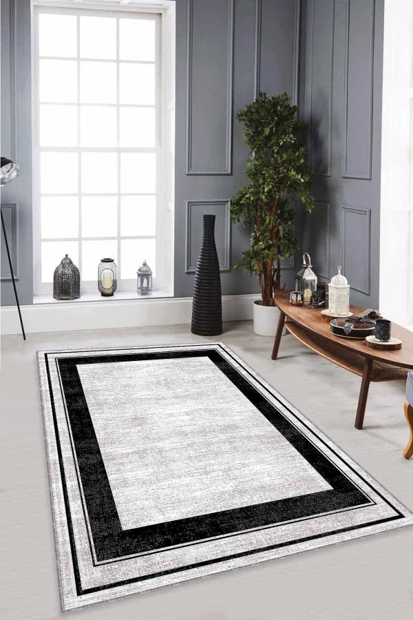 Salon Halısı Gri Gri Çerçeveli Kaymaz Tabanlı Makinede Yıkanabilir Halı AR531