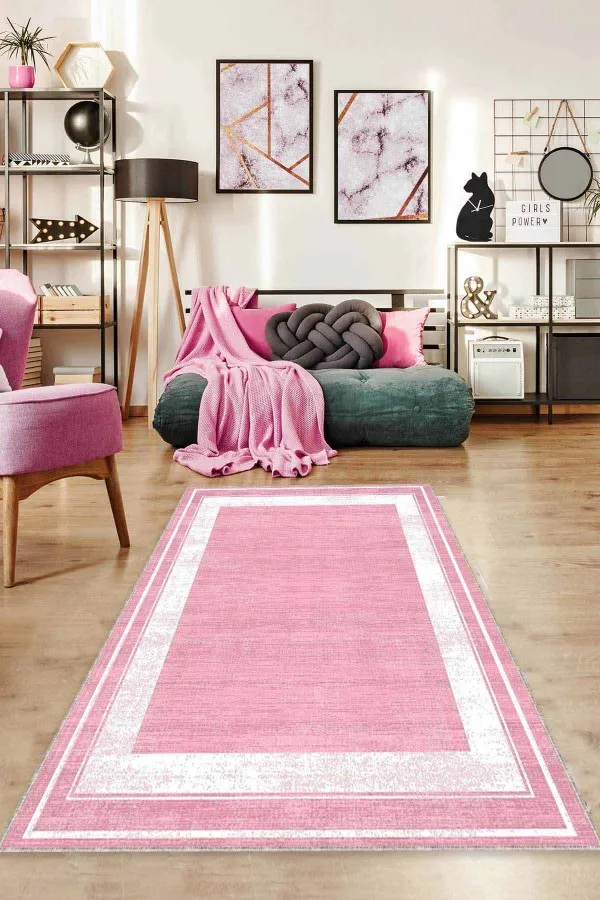 Salon Halısı Pembe Pembe Çerçeveli Kaymaz Taban Makinede Yıkanabilir Halı AR532
