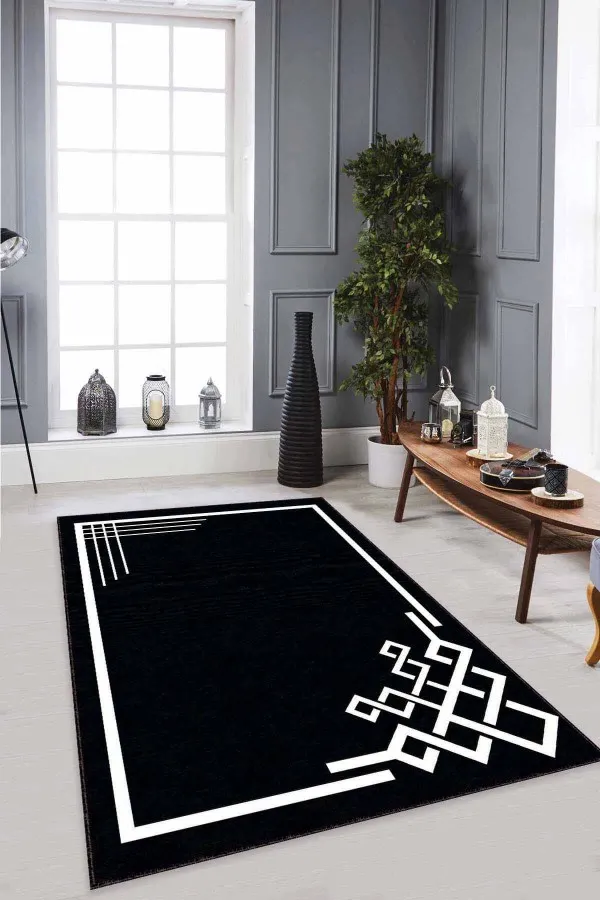 Siyah Salon Halısı Siyah Çerçeveli Kaymaz Taban Makinede Yıkanabilir Halı AR534