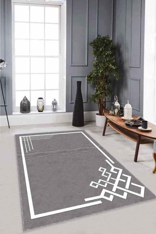 Salon Halısı Gri Gri Çerçeveli Kaymaz Tabanlı Makinede Yıkanabilir Halı AR535