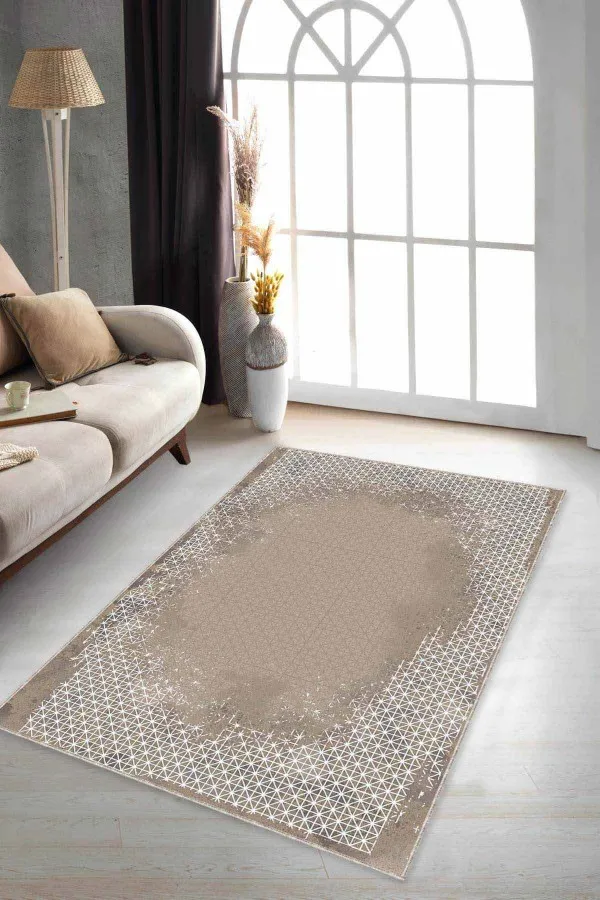 Vizon Salon Halısı Bej Modern Klasik Kaymaz Tabanlı Dekoratif Halı AR549