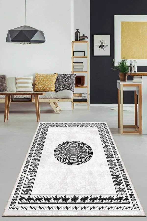 Çerçeveli Salon Halısı Siyah Beyaz Çerçeveli Kaymaz Tabanlı Dekoratif Halı AR688