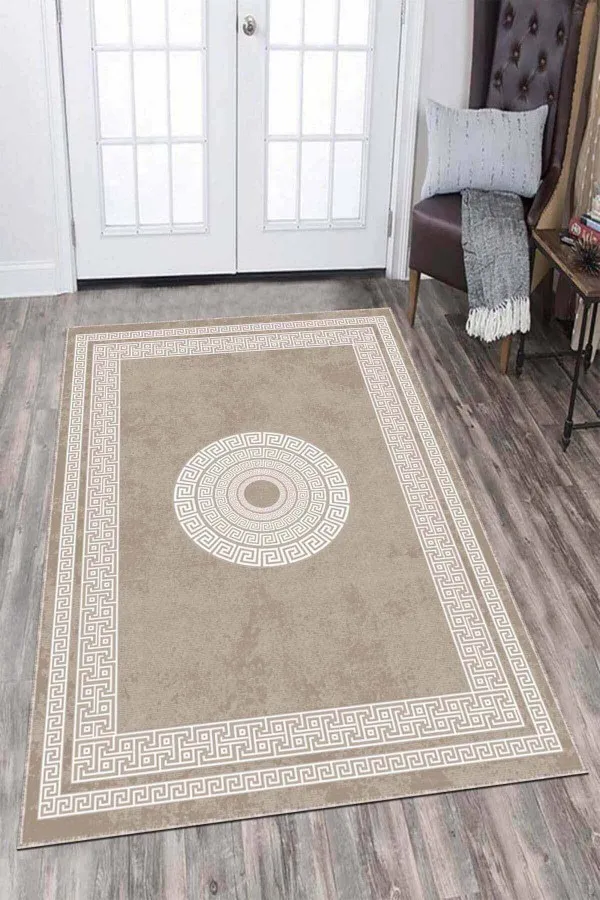 Vizon Salon Halısı Bej Çerçeveli Kaymaz Tabanlı Makinede Yıkanabilir Halı AR689