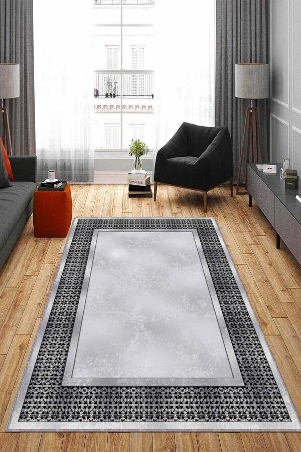 Salon Halısı Gri Gri Çerçeveli Kaymaz Tabanlı Makinede Yıkanabilir Halı AR734
