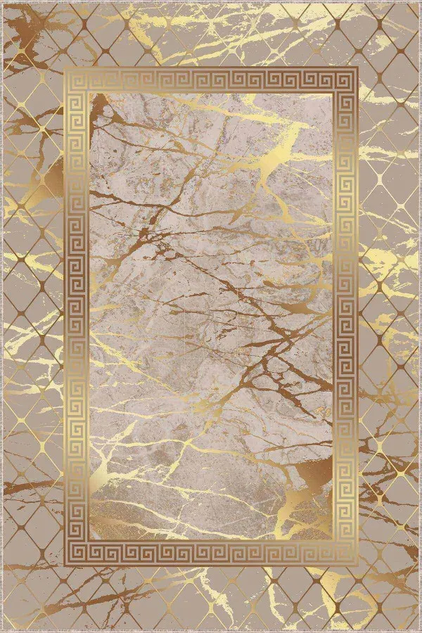Gold Salon Halısı Bej Gold Çerçeveli Kaymaz Tabanlı Dekoratif Halı AR751