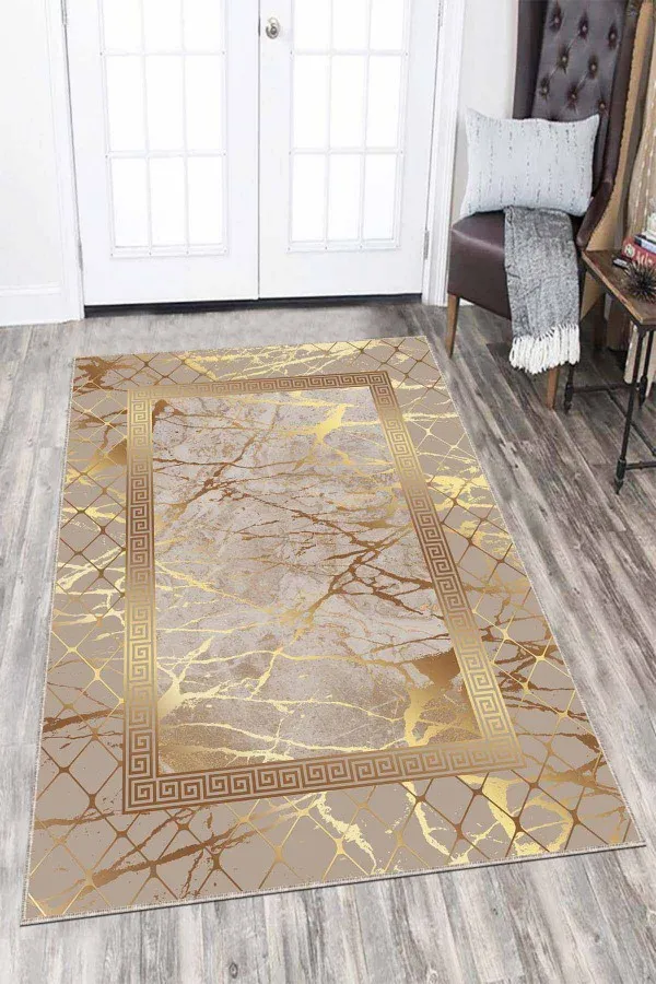 Gold Salon Halısı Bej Gold Çerçeveli Kaymaz Tabanlı Dekoratif Halı AR751