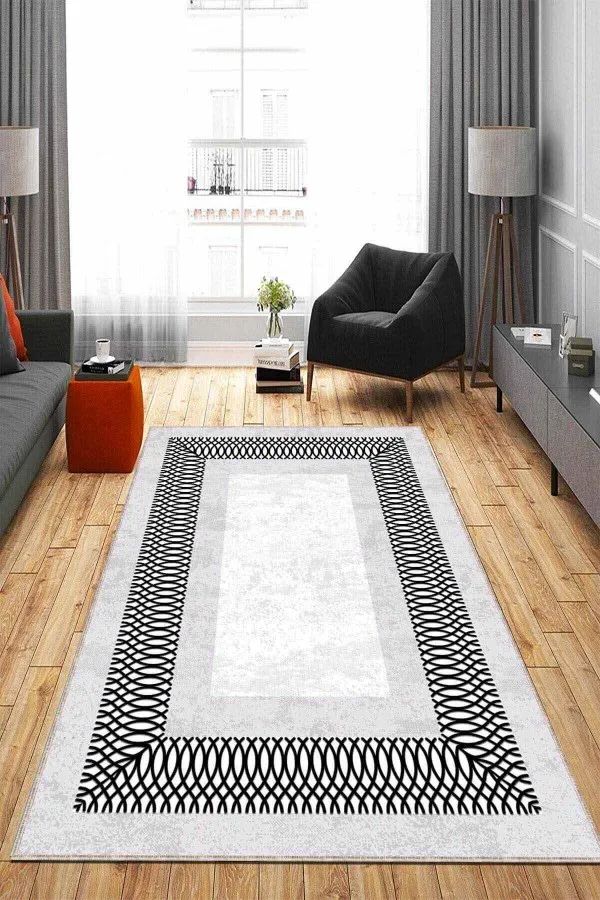 Salon Halısı Gri Gri Çerçeveli Kaymaz Tabanlı Makinede Yıkanabilir Halı AR938