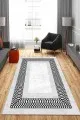 Salon Halısı Gri Gri Çerçeveli Kaymaz Tabanlı Makinede Yıkanabilir Halı AR938