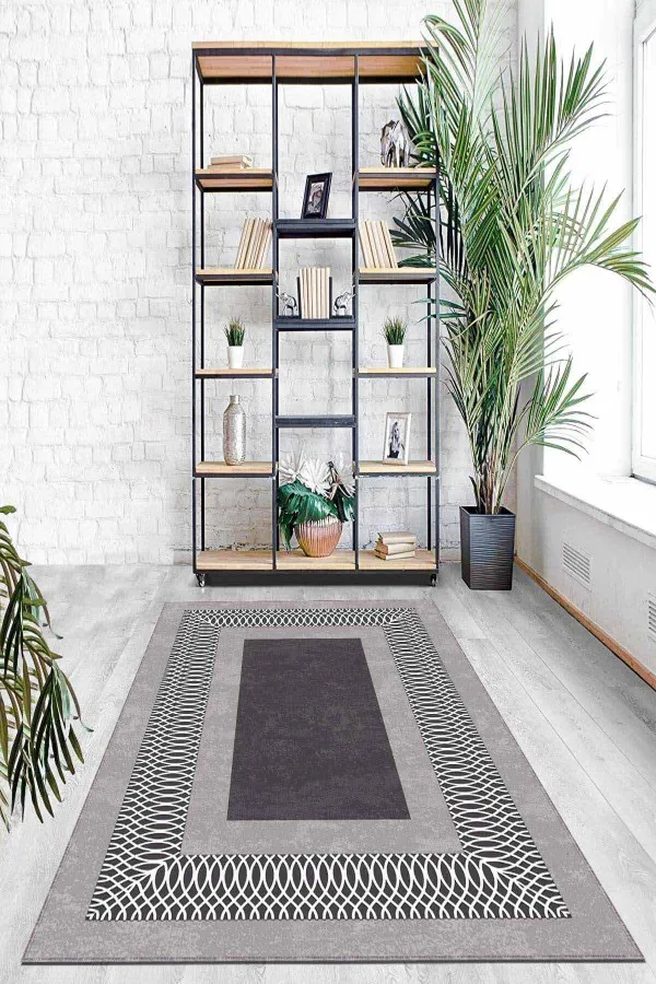 Salon Halısı Gri Gri Çerçeveli Kaymaz Tabanlı Makinede Yıkanabilir Halı AR939