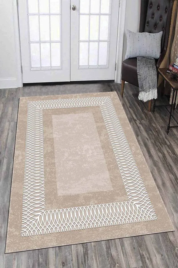 Vizon Salon Halısı Bej Çerçeveli Kaymaz Tabanlı Makinede Yıkanabilir Halı AR940