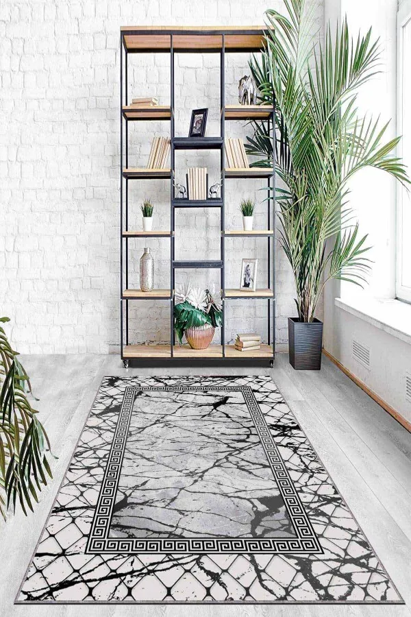 Salon Halısı Gri Gri Çerçeveli Kaymaz Tabanlı Makinede Yıkanabilir Halı AR961