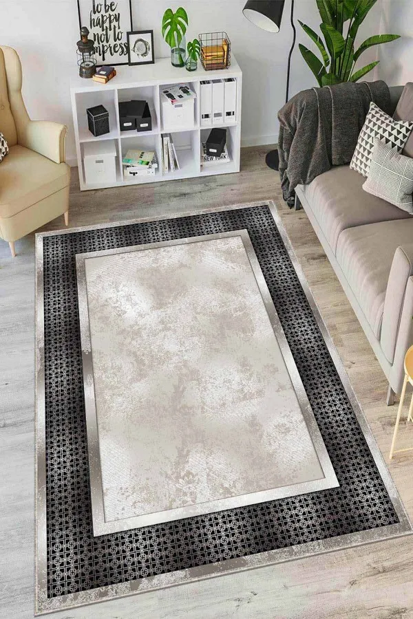 Vizon Salon Halısı Bej Çerçeveli Kaymaz Tabanlı Makinede Yıkanabilir Halı AR984