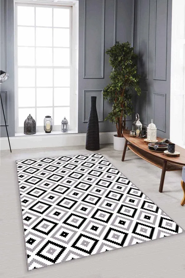Salon Halısı Modelleri Fiyatları Füme Karo Kaymaz Taban Makinede Yıkanabilir Halı KR007