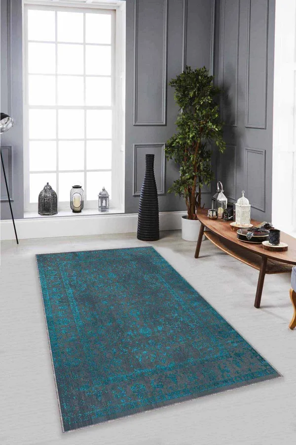 Turkuaz Salon Halısı Turkuaz Vintage Kaymaz Taban Makinede Yıkanabilir Halı KR023